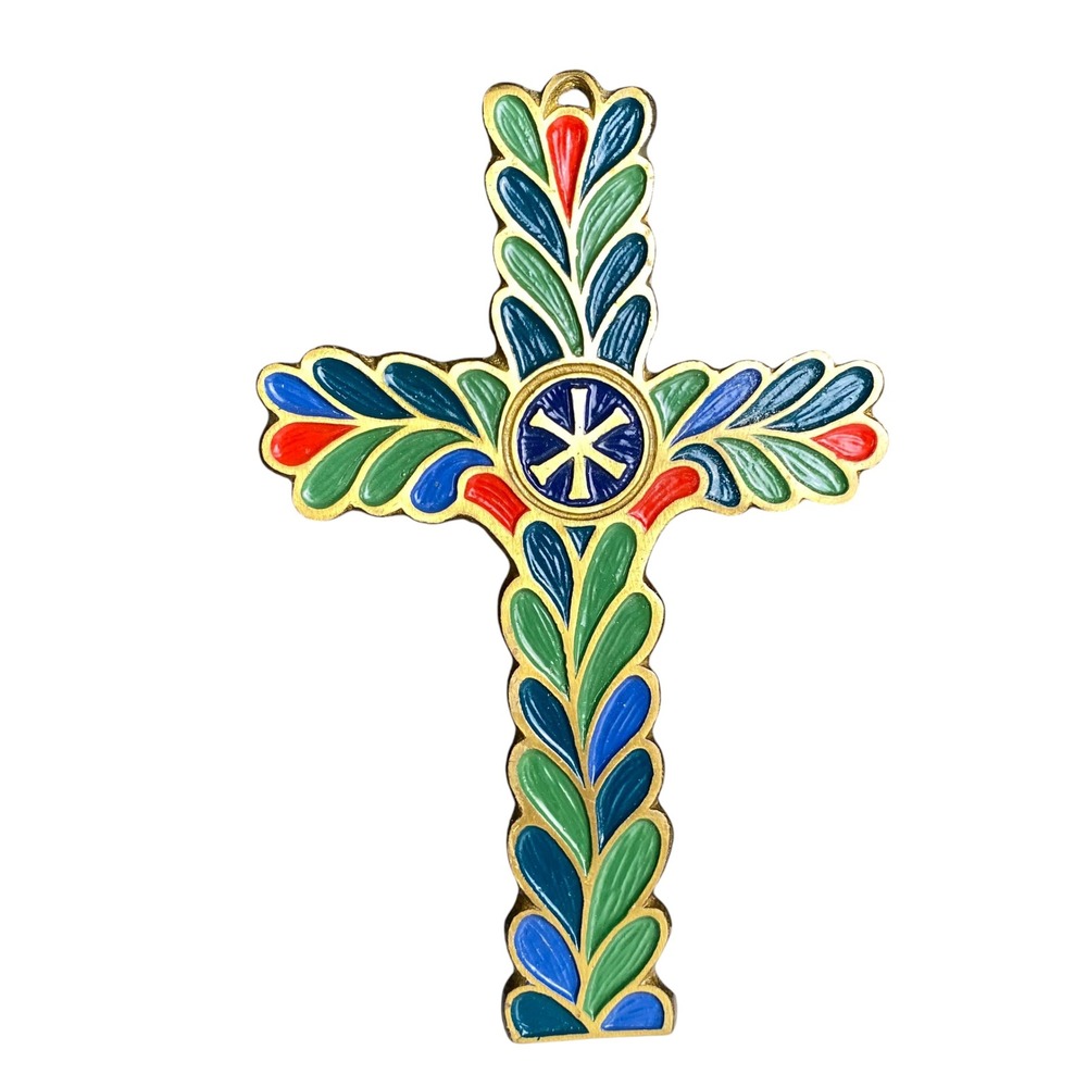 Vintage Terra Sancta Guild Enamel Brass Chi Rho Wall Cross Gold Green Blue 6.75